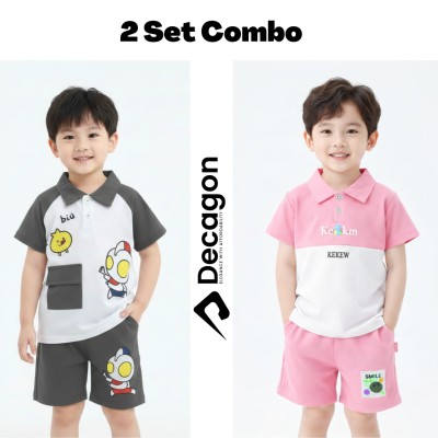 2 Set Combo Kids Premium PK Polo Set | Gray & Pink